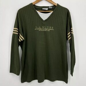 LA Blues Long Sleeve T-Shirt Women's 14/16W Green Logo V-Neck Ribbed Vintage Y2K